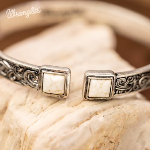 Montana West Wrangler Cuff Bracelet for Women Western Turquoise Adjustable Open Bangle Silver Plated Carved Floral Cowgirl Country Jewelry - color: Silver-White