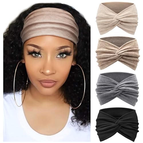 AQOKKA Extra Wide Headbands for Women Large Turban Headband Non Slip Boho Elastic Hairband Hair Twisted Knot Head Bands Accessories - color: 4 Pcs E: Beige, Black, Coffee, Grey