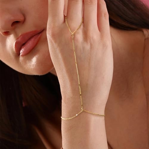 BAYLAY Hand Chain Bracelet, 14K Gold Plated Ring Bracelet Hand Chain Dainty Gold Bracelet for Women Trendy Finger Ring Slave Bracelets Hand Jewelry for Women Summer Beach Boho Gifts Trendy Stuff - color: Rectangle