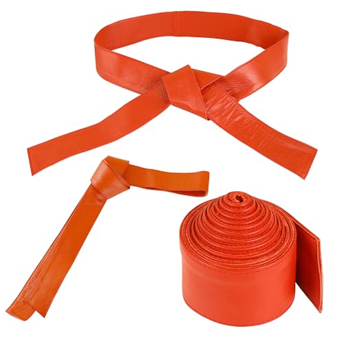 Woman's Obi Sash Tie Plus Size Waist Band Wide Solid Color Genuine Leather Belt - color: Red