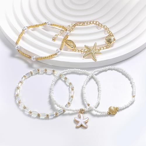 Shell Bracelet Seashell Boho Beaded Stretch Bracelets for Women Summer Beach Bracelets Starfish Charm Bracelet Stackable Gold Plated Bracelets Set for Women - color: h-gold 2