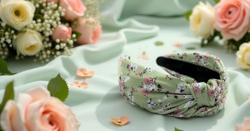 Fall Headbands for Women Satin Pastal Green Bloom Floral, Warable All Day, Colorful Autumn Flower Head band, Silk Feel, Womens Knotted Headband Fashion Designer Top Knot Girls Hair - color: Pastal Green