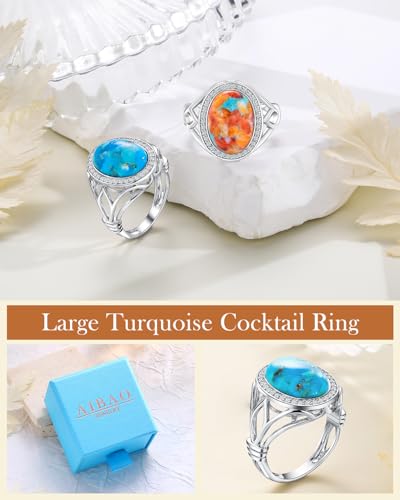 AIBAO 4-12 Ct Large Oval Engagement Rings for Women Natural Turquoise/Lapis Lazuli/Malachite Celtic/Infinity/Love Knot Halo Ring Size 6 to 10 Anniversary Christmas Valentines Gift - style: 4.56 Ct Blue Turquoise & Created White Sapphire