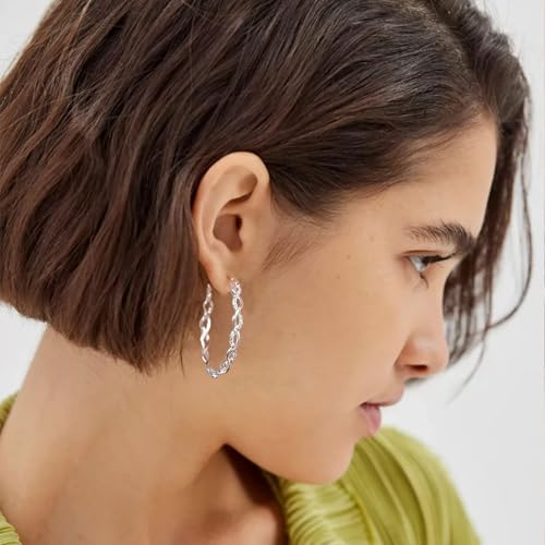 Senteria 925 Sterling Silver Post Hoops Earrings for Women Lightweight Twisted Hoop Earrings With Cubic Zirconia Hypoallergenic Silver Hoops Earrings (20/30/40/50/60MM) - color: silver-50mm