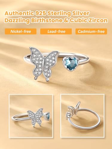 Bestyle 925 Sterling Silver Butterfly Ring Hypoallergnic Adjustable Birthstone Rings for Women Butterfly Jewelry Gifts for Anniversary Mothers' Day Birthday - color: 03.March(Aquamarine)