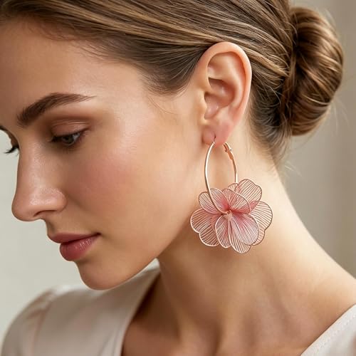 Gold Flower Statement Earrings for Women Boho Trendy Hoop Earrings Floral Dangle Petal Earring Prom Wedding Jewelry Gifts - color: A4:pink