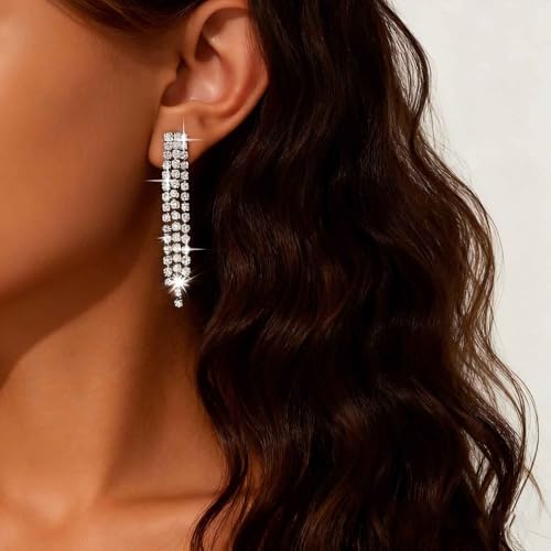Vintage Crystal Chandeliers Drop Earrings Silver Rhinestone Dangle Earrings Silver Cz Paved Tassel Chain Earrings Wedding Chandelier Earrings Jewelry for Women