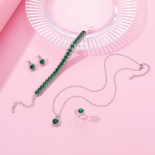Paxuan 4pcs Cubic Zirconia Wedding Jewelry Sets for Bride Bridesmaid Cubic Zirconia Pendant Necklace Earrings Link Tennis Bracelet Open Ring Set for Women - color: Silver Plated Emeraald Green Cubic Zirconia