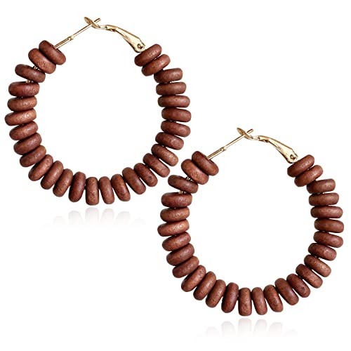 Handmade Nature Wooden Beaded Hoop Earrings Bohemian Minimalist Colorful Circle Round Wood Bead Earrings Vintage Chic Wooden Ethnic Dangle Drop Earrings for Women Statement Jewelry Gifts - color: Brown 4