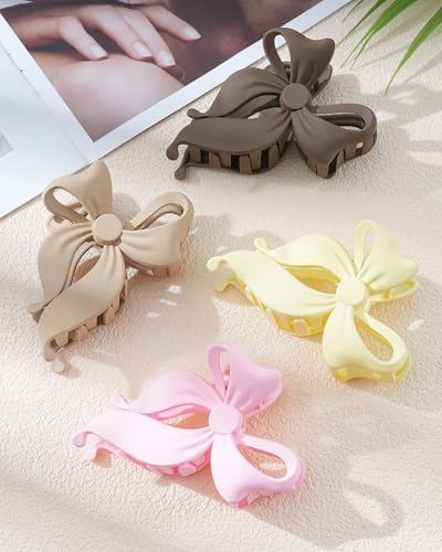 4 PCS Bow Hair Clips Bow Claw Clip for Women, Large Hair Claw Clips for Thin Thick Long Hair Cute Nonslip Bows (Dark Brown+Light Brown+Off-White+Light Pink) - color: Dark Brown+Light Brown+Off-White+Light Pink