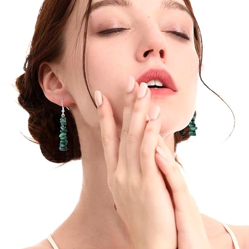 Handmade Bohemian Vintage Silver Nature Stone Beads Long Dangle Drop Earrings for Women - color: Black Green