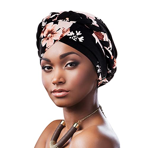 DRESHOW Turban Pre-Tied Twisted Hat Thread African Head Wraps for Black Women Chemo Cancer Cap Braid Hair Cover - color: 1 Pack Twisted Braid: Floral