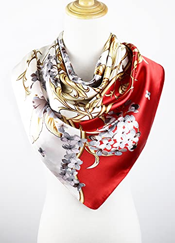 vabovin Satin Head Scarf for Women Silk Like Hair Scarf, 35 x 35 in | Silk Feel Fabric, Hair Wrap for Sleeping, Headscarf and Neck Scarf, Square Bandana Style, Fashion Accessory - color: 022 Red Beige Floral Print