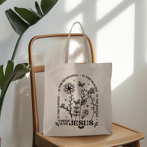 Jesus Tote Bag, Christian Tote Bags for Women, Religious Reusable Grocery Bags - color: Khaki Floral