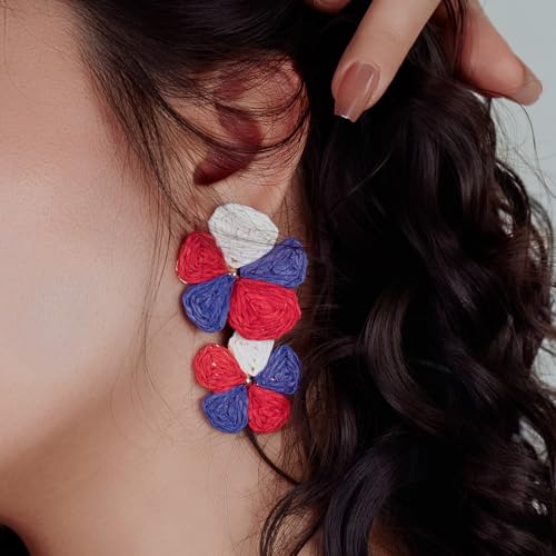 Boho Flower Earrings Statement Raffia Dangle Earrings Cute Floral Jewelry Trendy Summer Beach Vacation Outfits for Women - color: Red/White/Blue