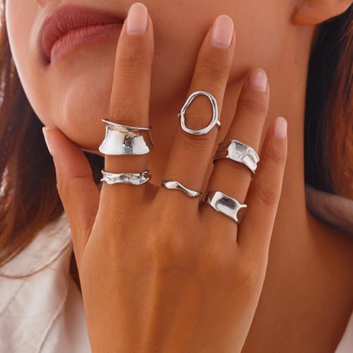 Chunky Rings for Women Adjustable Thick Rings Set Trendy Statement Stackable Ring for Women Chunky Jewlery Irregular Dome Flower Finger Knkuckle Thumb Ring - style: Style 3 - 6pcs s