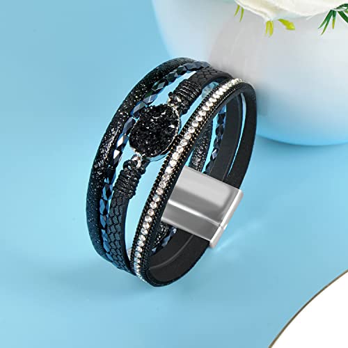 Boho Leather Wrap Bracelets Bohemian Crystal Bracelets Trendy Layered Bracelet with Magnetic Clasp Jewelry Gifts for Women - color: Black