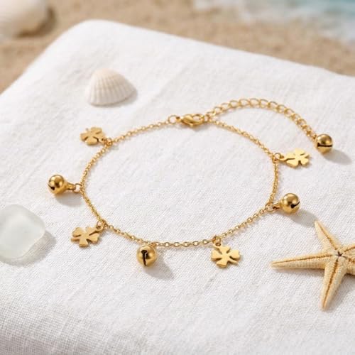 Dainty Gold Shell Pearl Charm Ankle Bracelet for Women Trendy non-Tarnish Adjustable Anklet Summer Beach Fashion Jewelry Gift - color: Gold Bell