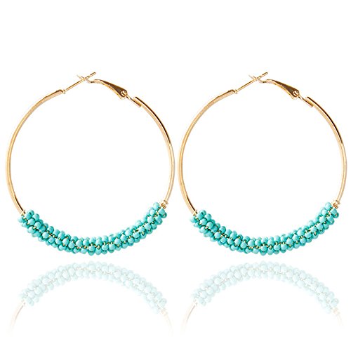 2 Pairs Bohemian Colorful Beads Circle Round Hoop Earrings Gold Hoop Dangle Earrings for Women Vintage Boho Jewelry - color: yellow blue