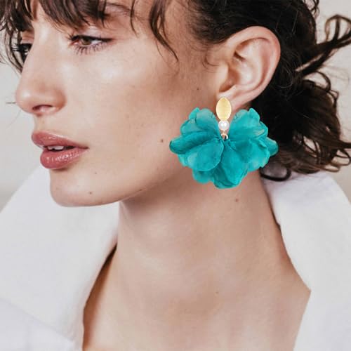 Handmade Fabric Flower Petal Fringe Dangle Drop Earrings Bohemian Floral Tassel Stud Earrings For Women - color: Blue Green