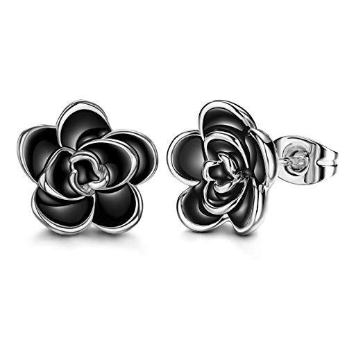 AllenCOCO Rose Flower Stud Earrings for Women Sensitive Ears, Hypoallergenic Cute Gold And Silver Rose Flower Earrings Studs for Women Nickel Free - color: Black flower/White gold, size: 0.47