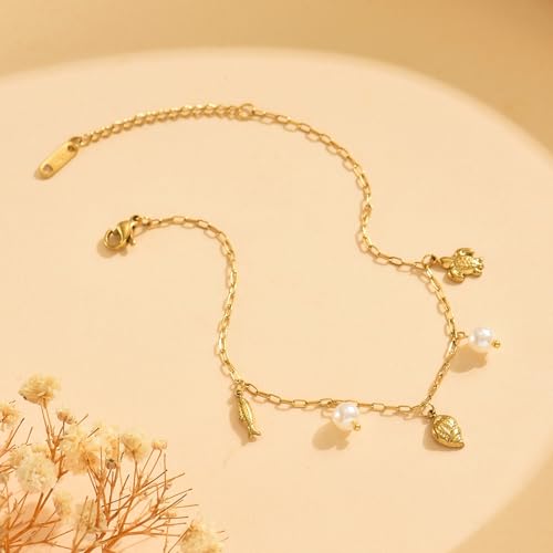 Gold Ankle Bracelets for Women 18K Gold Plated Waterproof Starfish Sea Shell Pearls CZ Diamond Dangle Anklets Trendy Summer Beach Foot Chain Jewelry Gift - style: Conch Pearls-GD