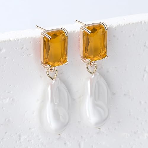 Fashion Pearl Drop Earrings for Women With Crystal - Rhinestone Statement Earrings with Pearl Dangling Studs - Large White Baroque Pearl Earrings for Bridesmaid Wedding Party Birthday Holiday - color: Yellow