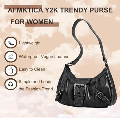 Y2K Trendy Purse for Women, Leather Buckle Punk Hobo Clutch Purses Bags for Ladies Top Handle Shoulder Bag - color: Deep Black