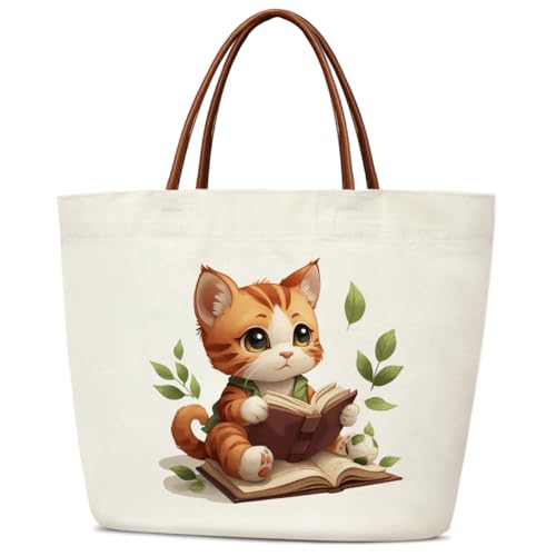 Canvas Tote Bag Aesthetic Tote Bag for Women Teens Reusable Grocery Shopping Bag With Handles Cute Animal Tote Bag - style: Cat