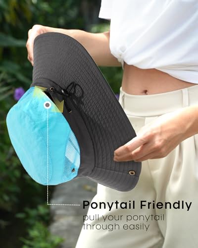 FURTALK Womens Sun Hat with Ponytail Hole Beach Hiking Summer Wide Brim UPF 50+ Outdoor Protection Foldable Bucket Hat - color: Blue