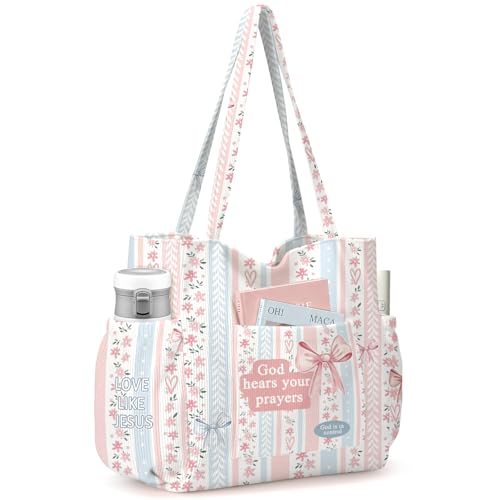 Corduroy Tote Bag for Women,Large Capacity Cute Tote Bags With 6 Pockets,Crossbody Shoulder Handbag for Work Travel Gym - color: Bible Bows