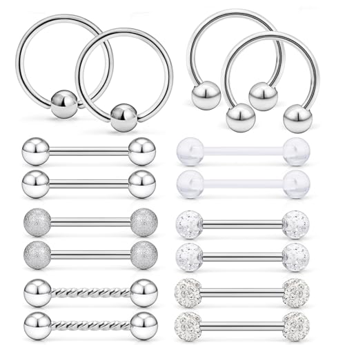 16Pcs Nipple Piercing Jewelry 14G Surgical Steel Nipple Rings Hoop Rings Retainer Piercing Jewelry for Women Men 14MM (9/16 Inch) - color: A:8 pairs/silvertone