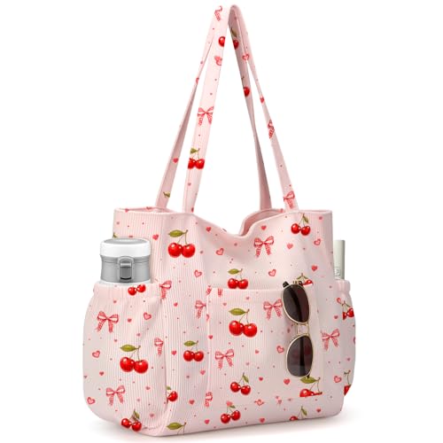 Corduroy Tote Bag for Women,Large Capacity Cute Tote Bags With 6 Pockets,Crossbody Shoulder Handbag for Work Travel Gym - color: Cherry Bows