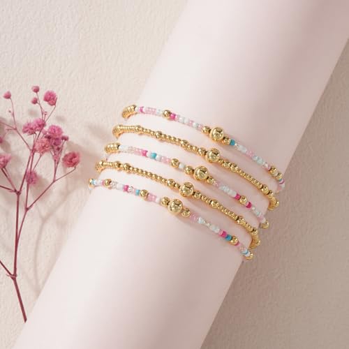 14K Gold Plated Beaded Bracelets Stack Set for Women,Stretch Boho Colorful Beads Ball Jewelry Friendship Summer Trendy - color: Pink ball