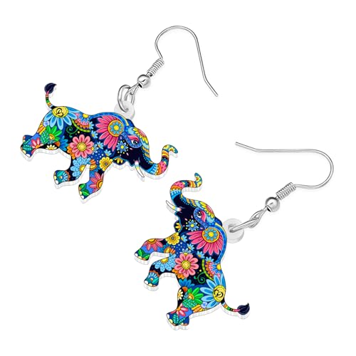 BONSNY Colorful Acrylic Elephant Dangle Earrings Bohemian Tribal Floral Design Boho Jewelry Gifts for Women Funny Novelty Hypoallergenic Spring Summer Gifts Accessories - color: Navy