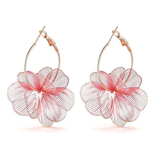 Gold Flower Statement Earrings for Women Boho Trendy Hoop Earrings Floral Dangle Petal Earring Prom Wedding Jewelry Gifts - color: A4:pink