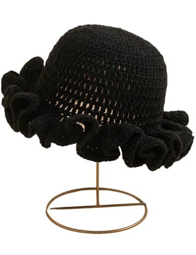 KORADI Womens Crochet Bucket Hat Ruffled Brim Knitted Hats Winter Boho Handmade Caps - color: Black