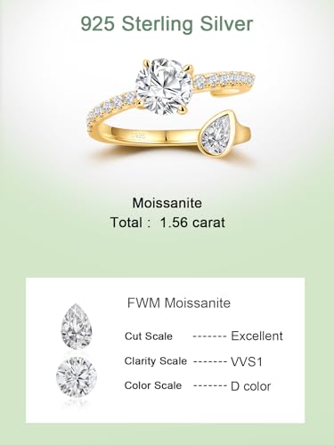 FWM Round Cut Moissanite Simple Open Rings for Women, Adjustable Ring, Solid Sterling Silver With Gold Plated, Stackable Wedding Band, Anniversary Valentines Mothers Day Christmas Gift - color: Round & Pear Cut - Yellow Gold, size: 6