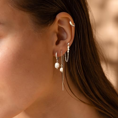 Pearl Earrings for Women, Gold Plated Huggie Hoop Drop Earrings | Hypoallergenic pearl hoop earrings designed for multiple piercings, cartilage styling and everyday wear - style: 4 pearl chain earring set-SL