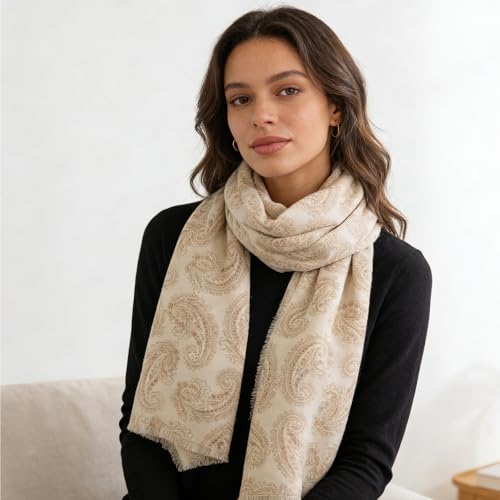 Women Paisley Soft Scarf Spring Thin Scarves Winter Western Scarves Shawl Fall Boho Scarf Wraps 25W with 75L in - color: Paisly-beige