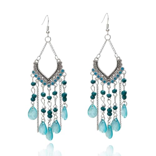 Boho Turquoise Drop Earrings Retro Long Copper Feather Tasse Metal Leaf Dangle Earrings Vintage Country Western Jewelry Cowgirl Ethnic Style Geometric Concert Festival Accessories for Women - color: Blue