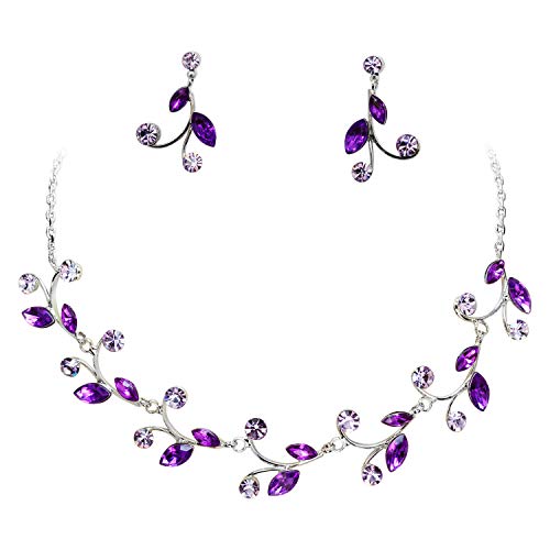 Faship Gorgeous Rhinestone Crystal Floral Necklace Earrings Set - color: Purple/Electric-purple