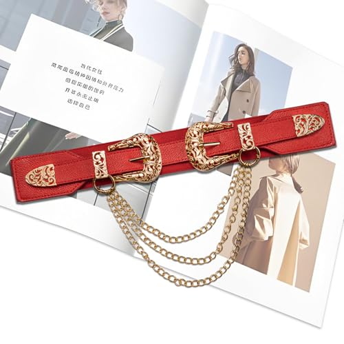 Dubulle Womens Belt Chain Leather Belts Vintage Western Adjustable Elastic Double Buckle for Cowboy Pant Dress - color: Red Gold