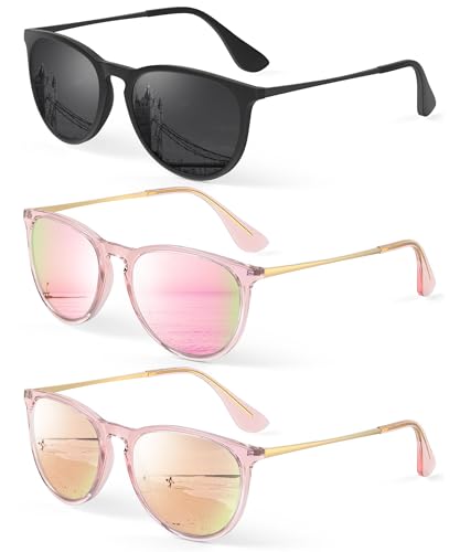 KALIYADI Sunglasses Womens Polarized Womens-Sunglasses: Trendy Sun Glasses with UV400 Retro Style for Party Beach Shopping - color: C12 Black/Grey + Transparent Pink/Pink + Transparent Pink/Champagne Gold
