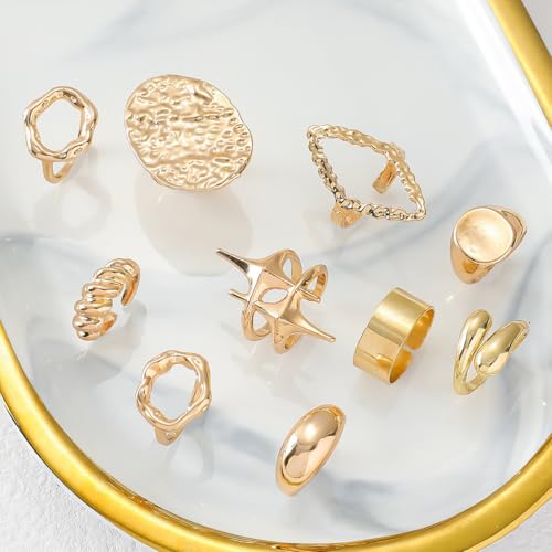 10 Pcs Chunky Gold Rings for Women Open Adjustable Star Geometry Ring Stacking Knuckles Rings Set Boho Prom Costume Fashion Jewelry - color: Gold