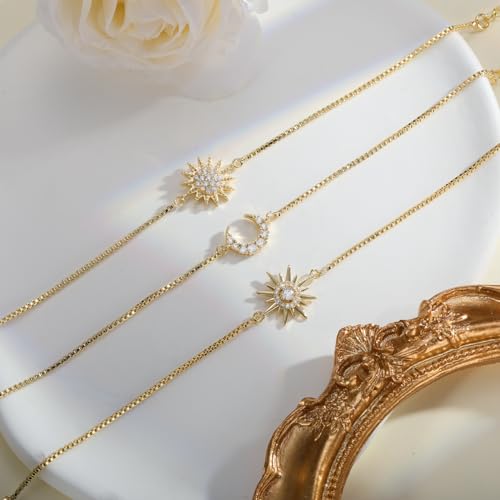 Dainty Bracelets for Women, 14k Gold Plated/Silver Layered Charms Bracelet Herringbone Satellite Beads Box Rope CZ Bracelet Adjustable Cuba Link Chain Bracelet Set Jewelry Gifts - color: 3Layer-2Sun+Moon-GD