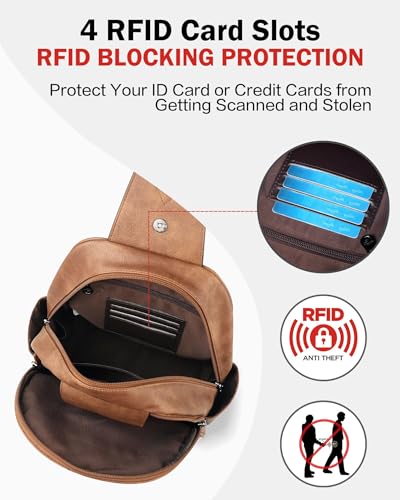 FADEON Large Sling Bag for Women, Leather Crossbody Purse Designer Anti Theft Sling Backpack, RFID Fanny Packs for Travel - color: 1 Brown Retro Style