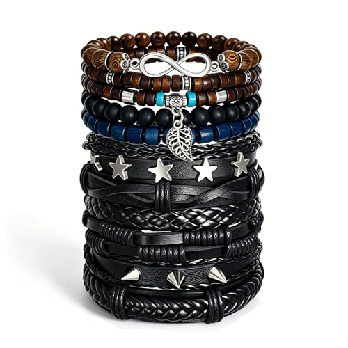 Punk Braided Leather Bracelets for Men Women Gothic Wood Beaded Tribal Wrap Wristband Grunge Emo Multilayer Adjustable Mens Bracelet in Black Brown Fathers Day Gift - color: Star