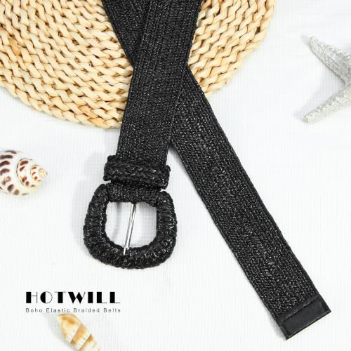 HOTWILL Women Straw Woven Belt Boho Elastic Stretch Braided Waist Belts for Summer Dresses - color: Black_d Ring Buckle