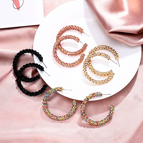 Rhinestone Hoop Earring for Women Sparkly Crystal Wrapped Hoop Dangle Earrings Statement Boho Gold Black Plated CZ Hoop Earring - color: B: Pink